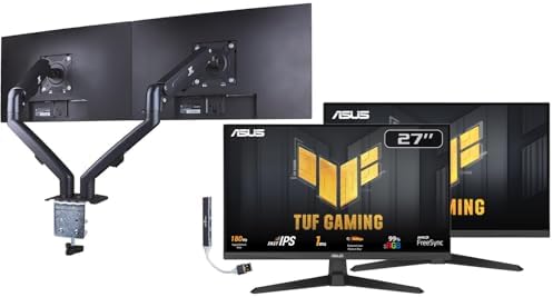 ASUS TUF Gaming 27" FHD IPS Monitor with 1ms Response Time, 180Hz Refresh Rate, Anti Glare, Flicker Free, VESA Mount (100mm), Displayport, HDMI, Black Color 2Pack w/DKZ Hub & ErgoFlexy Dual Mount Arm