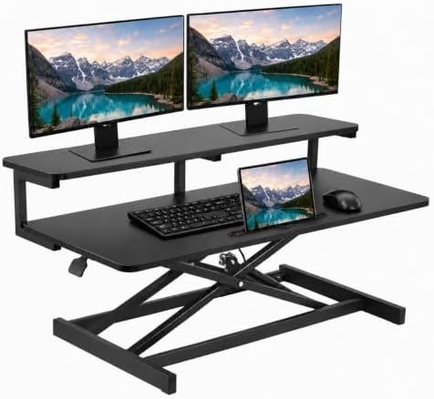 37" Height Adjustable Standing Desk Converter, 4.9" to18.5 Height Adjustable Sit Stand Up Desk Riser with Secondary Desks, Desktop Workstation Riser for Home Office Computer Laptop, Black