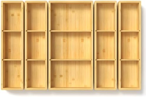 DUJEN 5 pieces Bamboo Drawer Organizer, Adjustable 3 Individual Junk Drawer organizer for Bathroom and Kitchen, Wood Drawer Organier Boxes for Jewellery, Make up and Tea Bag