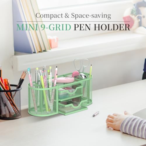 SUPEASY Mesh Desk Organizer, Pen Holder for Desk with 2 Drawers, MintGreen