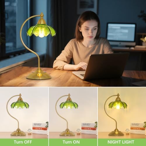 Glass Beside Table Lamp for Bedroom, Plug In Gold Desk Lamp, Vintage Flower Nightstand Lamp, Table Lamps for Living Room, Small Desk Lamps for Home Office, Green Table Light, Flower Lamp Decoration