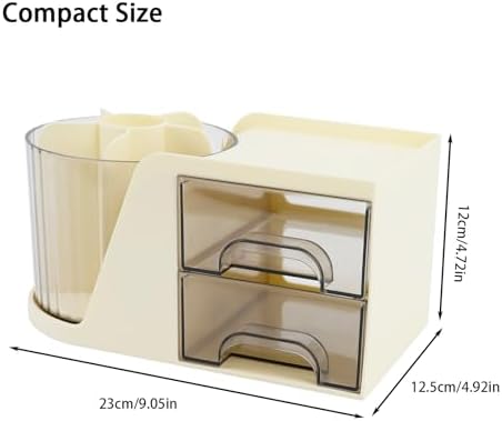 Desk Organizer with Rotating Pencil Pen Holder and 2 Small Drawers, Desk Caddy for Office Workspace Organization and Storage (Beige)