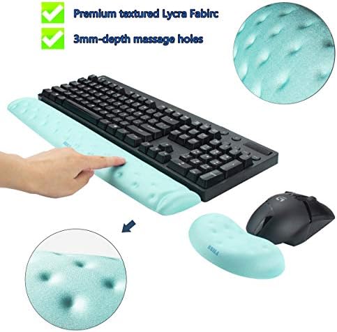 BRILA Memory Foam Mouse & Keyboard Wrist Rest Support Pad Cushion Set for Computer, Laptop, Office Work, PC Gaming - Massage Holes Design - Easy Typing Wrist Pain Relief (Aquamarine)