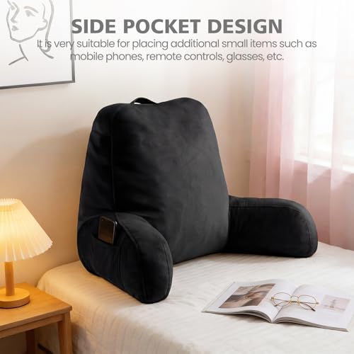 Reading Pillow for Bed Sitting Up, Adults and Teens Backrest with Arms, Velvet Back Support Pillow for Sitting on Sofa, Couch with Washable Cover- Standard, Black