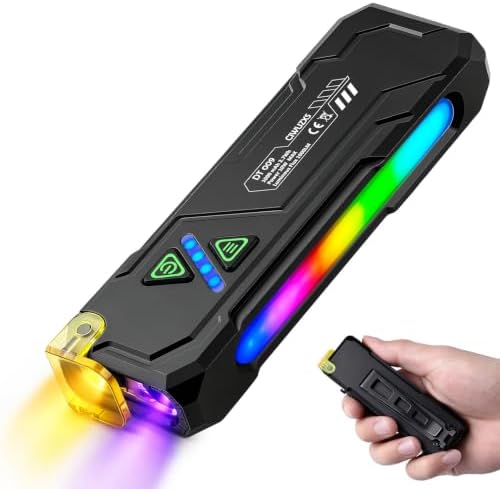 EDC Rechargeable Flat Flashlight 1000 Lumens White LED/UV/RGB Ambient Signaling Flashlights, Magnetic Clip on Pocket Light for Outdoors, Emergency, Working (1, Black, Compact)