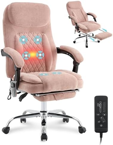 6-Point Massage Office Chair with Heated, Ergonomic Office Chair with Footrest & 45°Reclining High Back, Big and Tall Executive Office Chair 500LBS, Thick Cushion Desk Chair for Home Office, Pink