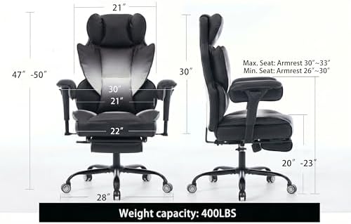 Big and Tall Gaming Office Chair 400lbs - Heavy Duty Ergonomic Computer Desk Chair with Footrest, Adjustable Armrests, High Back PU Leather with Racing Style (Black/White)