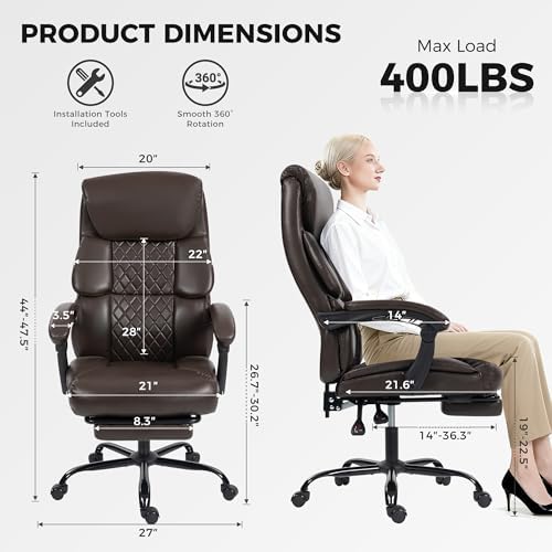 Office Chair, Executive High Back Leather Home Office Desk Chair with Footrest & Lumbar Support - Ergonomic Reclining Comfortable Wide Swivel Rolling Gaming Computer Chair 90-135° Adjustable Tilt Lock