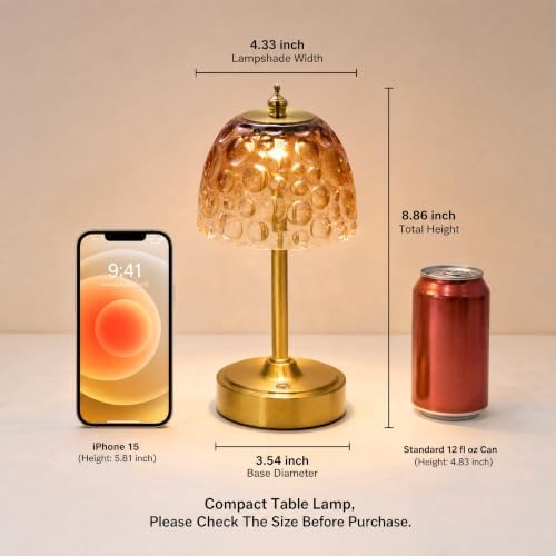 Mini Rechargeable Cordless Touch Table Lamp, Battery Powered, Amber Bubble Glass Shade, 2600mAh, 3 Color Temperatures, Stepless Dimming, for Bedside Dresser Bookshelf