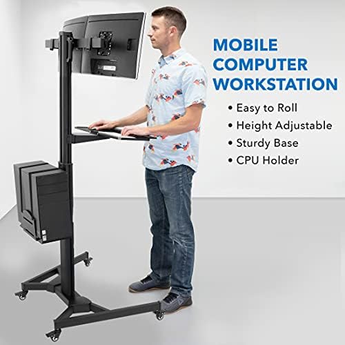 Mount-It! Dual Monitor Computer Cart – Mobile Standing Desk with Wheels, Rolling Workstation with Keyboard Tray, CPU Holder, and Adjustable Screen Mount for Office, Medical, or Warehouse