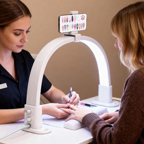 BLUVALL Half Moon Nail Lamp for Desk Portable Nail Desk Lamp with Phone Holder, Stepless Adjustment of Brightness and Color Temperature Desk Lamp for Nail Tech, Eyelash, Tattoo, Makeup (White)