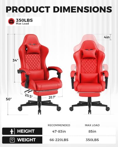 LUCKRACER Gaming Chair with Pocket Spring Cushion and Footrest, PU Leather 90°-155° Reclining Computer Chair, 4.5" Height Adjustment, Ergonomic Office Chair with Lumbar Support, Red