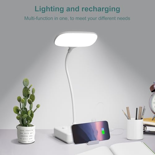 LED Desk Lamp with 2 USB Charging Port and 4 AC Power Outlet - 3 Lighting Modes, Adjustable Gooseneck, Eye-Caring Small White Table Lamp for Home Office College Dorm Room Essentials