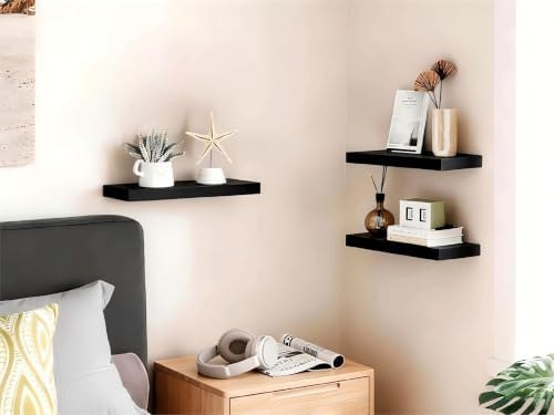 BAYKA Black Floating Shelves 15.7in, Set of 3, Wall Mount Rustic Wood Shelf