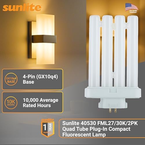 Sunlite 40530 FML27/30K/2PK Quad Tube Plug-in Compact Fluorescent Lamp, FML 4-Pin, 27 Watts, 1500 Lumens, 3000K Warm White, 4-Pin (GX10q4) Base, 120 Volts, 2 Pack
