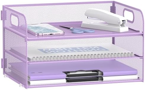 DALTACK 3 Tier Paper Organizer for Desk, Sliding Paper Trays, Purple