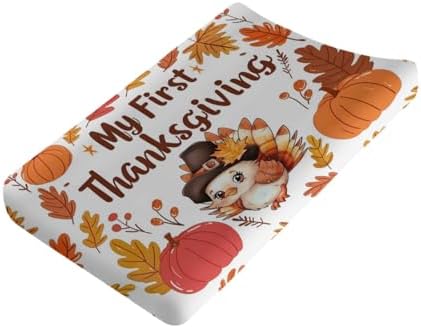 Cute Cartoon Thanksgiving Turkey Autumn Leaves Pattern Baby Changing Pad Cover, Unisex Fall Winter Holiday Nursery Diaper Changing Table Pad Mat Sheet for Boys Girls-16x32