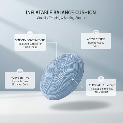 Inflatable Balance Disc Cushion, 13.4 Inch PVC Wobble Seat for Stability Training, Core Exercise & Office Chair Support, Portable Fitness Pad (Pink, Gray, Purple, Blue)