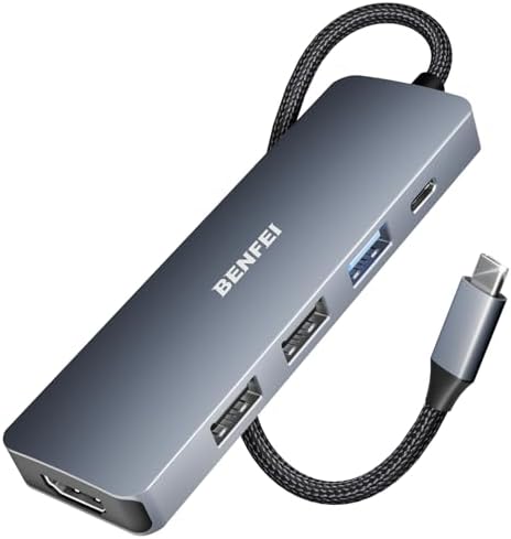 BENFEI USB C Hub 5-in-1 with 4K HDMI(Certified), 100W Power Delivery, 3 USB-A, Silicone Cable, Aluminum Case Compatible with MacBook Pro/Air, iPad Pro, iMac, iPhone 15 Pro/Pro Max, XPS, Thinkpad