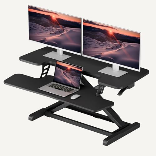 SANODESK 36" Standing Desk Converter, Adjustable Sit to Stand Desk Riser with Effortless Lifting for Home Office, Desk Topper for Dual Monitors, Computer Lift with Keyboard Tray, Black