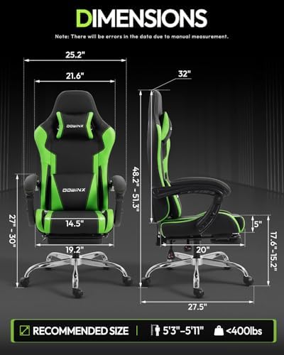 Dowinx Ergonomic Gaming Chair with Footrest & Massage Lumbar, 2D-Linkage Armrests for Computer Chair 330lbs with Headrest Pillow for Office, Home, Streaming and Long Gaming Sessions, Green