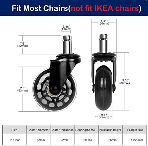 Hirate 2.5 inch Office Chair Caster Durable PU Wheel Replacement Set of 5