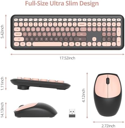 Surmen Cute Colorful Keyboard and Mouse Wireless Silent, Full-Size Retro Typewriter Wireless Quiet Black and Pink Keyboard Low-Noise 2.4GHz for Computer, Desktop, Laptop(6-Heimei)