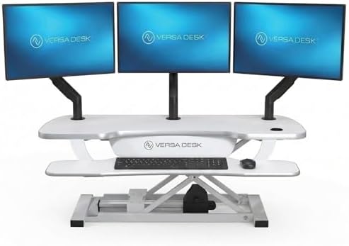 VERSADESK PowerPro 40 Inch Electric Standing Desk Converter – Push-Button Height Adjustable Sit to Stand Desk Riser for Triple Monitors & Laptop – Motorized Desktop Workstation with Wide Keyboard Tray