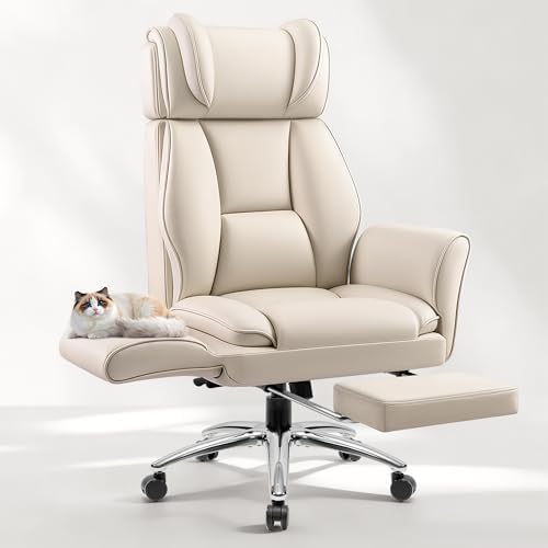 Big and Tall Office Chair, Flip Armrests for Pets & Cross Legged Sitting, Ergonomic Leather Executive Desk Chair with Foot Rest, High-Back Reclining Computer Chairs for Home Office Gaming, Beige