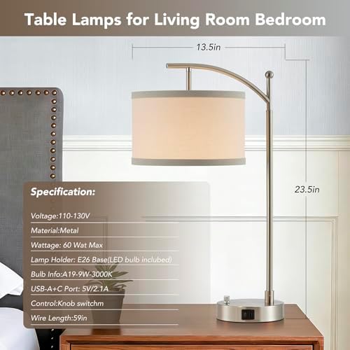 Table Lamp Set of 2, 23.5" Bedside Lamps with USB C+A Ports, Silver
