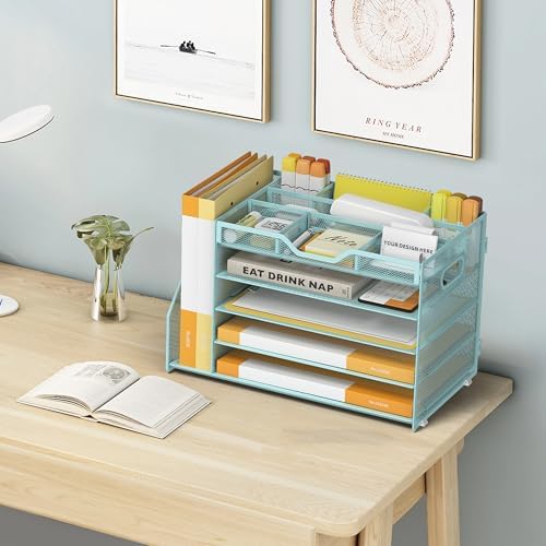 5 Tier Paper Letter Tray Desk Organizer with Pen Holders - Blue