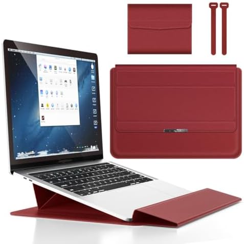 4 in 1 Ergonomic Workstation Set - Foldable Laptop Sleeve and Stand, Premium Leather Portable Computer Riser for 11-17 Inch Laptops, Waterproof Travel Organizer with Cooling Design (Red,16-17")