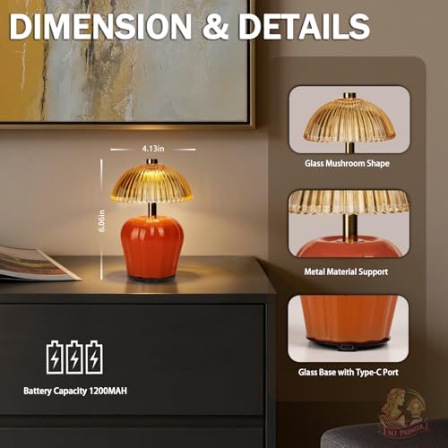 MJ PREMIER Rechargeable Table Lamp, Small Cordless Lamp with Timer, Orange