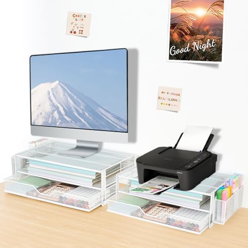 AUPSEN Computer Monitor Stands Riser，2-Tier Desk Organizers and Accessories, Office Desk Accessories Organizer with Drawers and 2 Pen Holder for Office Supplies (White)