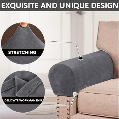 2 Pack Velvet Stretch Armrest Covers - Non Slip Sofa Chair Covers, Soft Elastic Arm Protectors for Living Room Couch, Office Chair, Recliner (Grey)