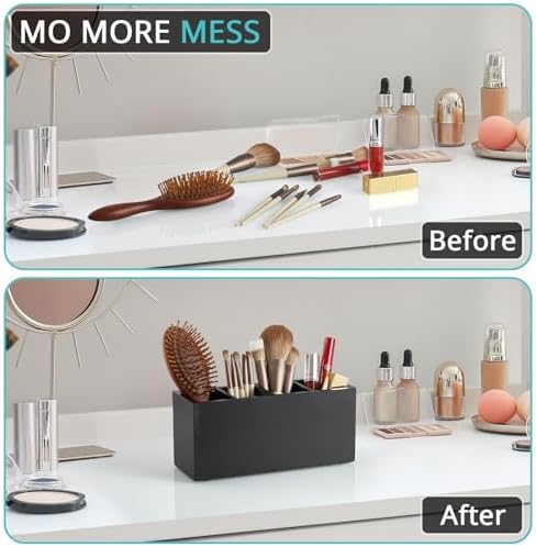 Bivvclaz Pencil Pen Holder for Desk, Wooden Office Desk Organizers and Accessories with 4 Slots for Countertop, Makeup Brush Holder Organizer for Bathroom Vanity, Silverware Caddy for Party, Black