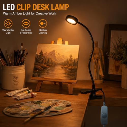 USB Clip-On Desk Lamp Eye Caring Dimmable Reading Light (Amber Light, 8W)