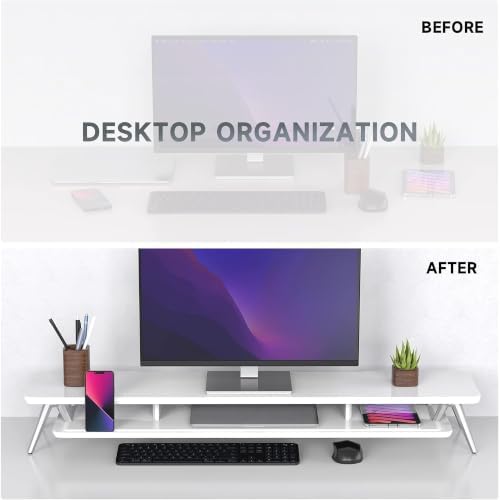 Fenge Dual Monitor Stand Riser, Wooden Desk Shelf with 2-Tier Storage