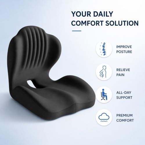 Pain Relief Ergonomic Seat Cushion with Lumbar Support, Memory Foam, L-Shaped, for Office Chair, Car Seat, Gaming Chair (Grey)