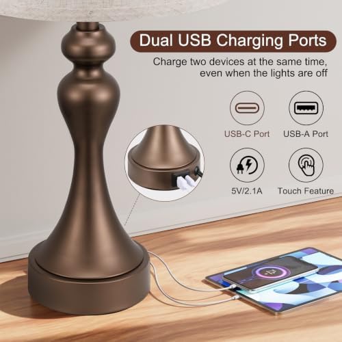 Touch Lamps for Nightstand, 3 Way Dimmable Bedside Lamps with USB C+A Ports
