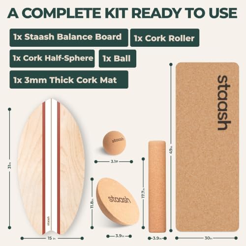 STAASH® Balance Board Full Kit – Premium Birch Wood Trainer with Cork Roller, Balance Disc, Massage Ball & Anti-Slip Mat – Core Strength, Surf, Snowboard & Rehab Training – All-In-One Set