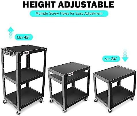 DNA Motoring 3-Layer Utility Steel AV Cart with Wheels Power Strip, 25" x 18" x 24"-42" Height Adjustable Rolling Projector Cart,TOOLS-00136