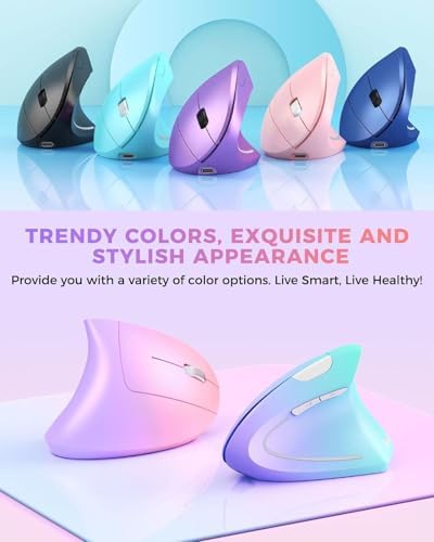 Lekvey Ergonomic Mouse, Vertical Wireless Mouse, Rechargeable, Pink Purple