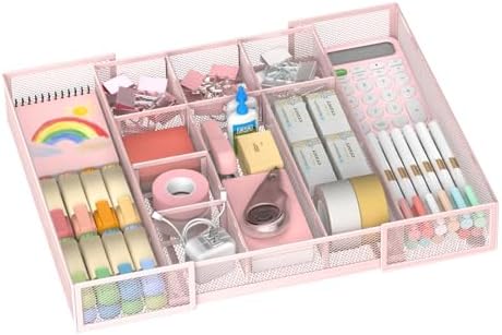 Expandable Desk Drawer Organizer, 10 Adjustable Compartments, Pink
