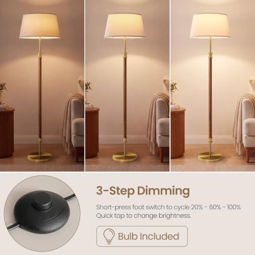 ZenGlimmer Mid Century Dimmabe Floor Lamp, Dark Walnut Wood Pole Standing Lamp with 18” Linen Shade, Brushed Gold Aluminum Accents, 11” Weighted Base for Living Room Bedroom