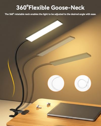 Eye-Caring Adjustable LED Reading Clamp Desk Lamp with 48 LEDs Flexible Neck, 3 Color Modes & 11 Brightness Levels for Office Bedroom Study (Black)