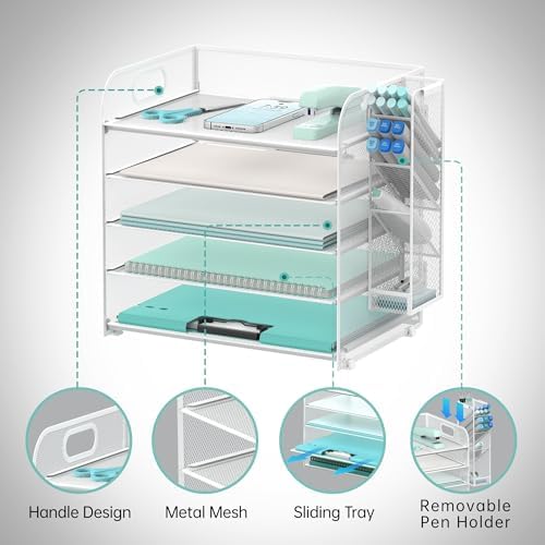 5-Tier Paper Organizer for Desk with Pen Holders, Letter Trays, White