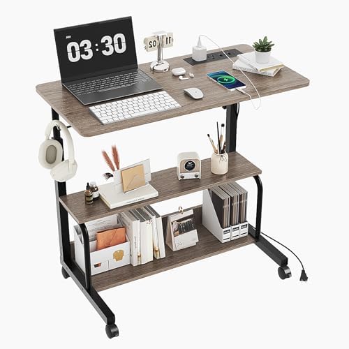 FCH 31.5" Mobile Small Standing Desk, Adjustable Height Mobile Computer Desk, w/2 AC Outlets + 3 USB Ports & Hooks, Storage Shelves, Suitable for Gaming, Studying, Home Office, Gray