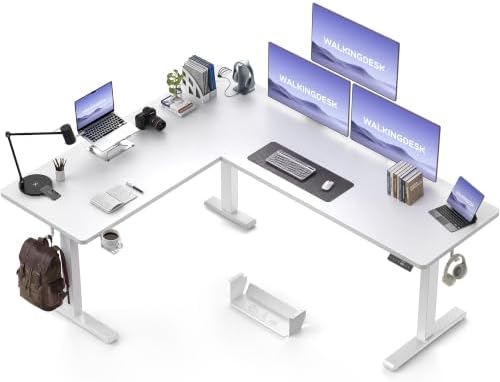 WALKINGDESK 75x61 Inches Reversible L Shaped Standing Desk Height Adjustable with Cup Holder, Electric Corner Computer Workstation for Home Office, Sit Stand up Gaming Desk with Cable Management White