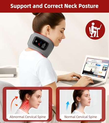Red Light Therapy Neck Brace, 660nm & 850nm Infrared Light Therapy for Neck Pain Relief & Support, 3 Light Modes and Timer, Adjustable Wireless Cervical Collar for Home Office Use (Grey)